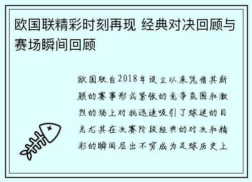 欧国联精彩时刻再现 经典对决回顾与赛场瞬间回顾